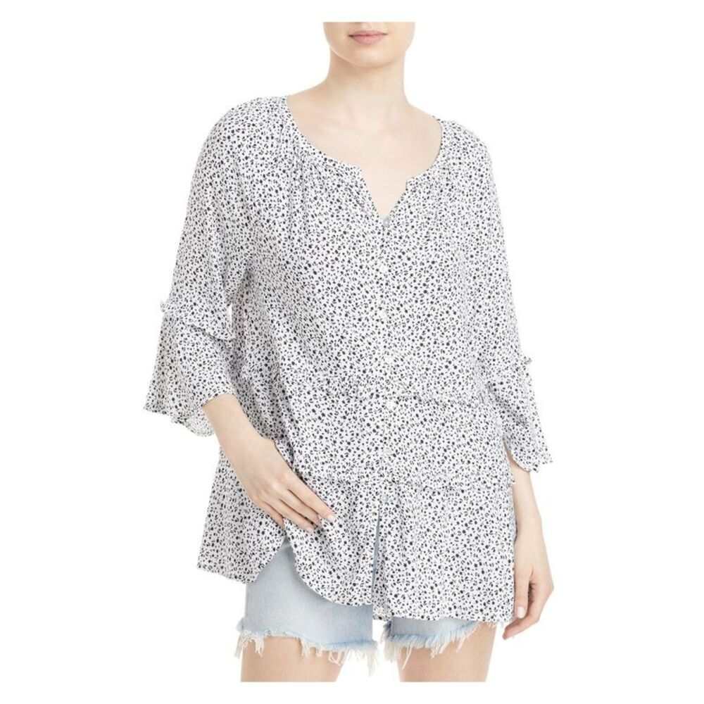BEACHLUNCHLOUNGE COLLECTION Womens White Ruffled Tiered Split Button Up Top S - Picture 1 of 2
